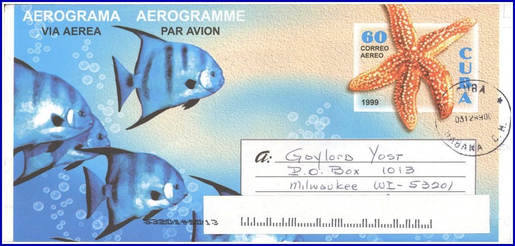 1999 - Cuban Fauna Aerogram - used to Milwaukee, Wisconson, U.S.A.